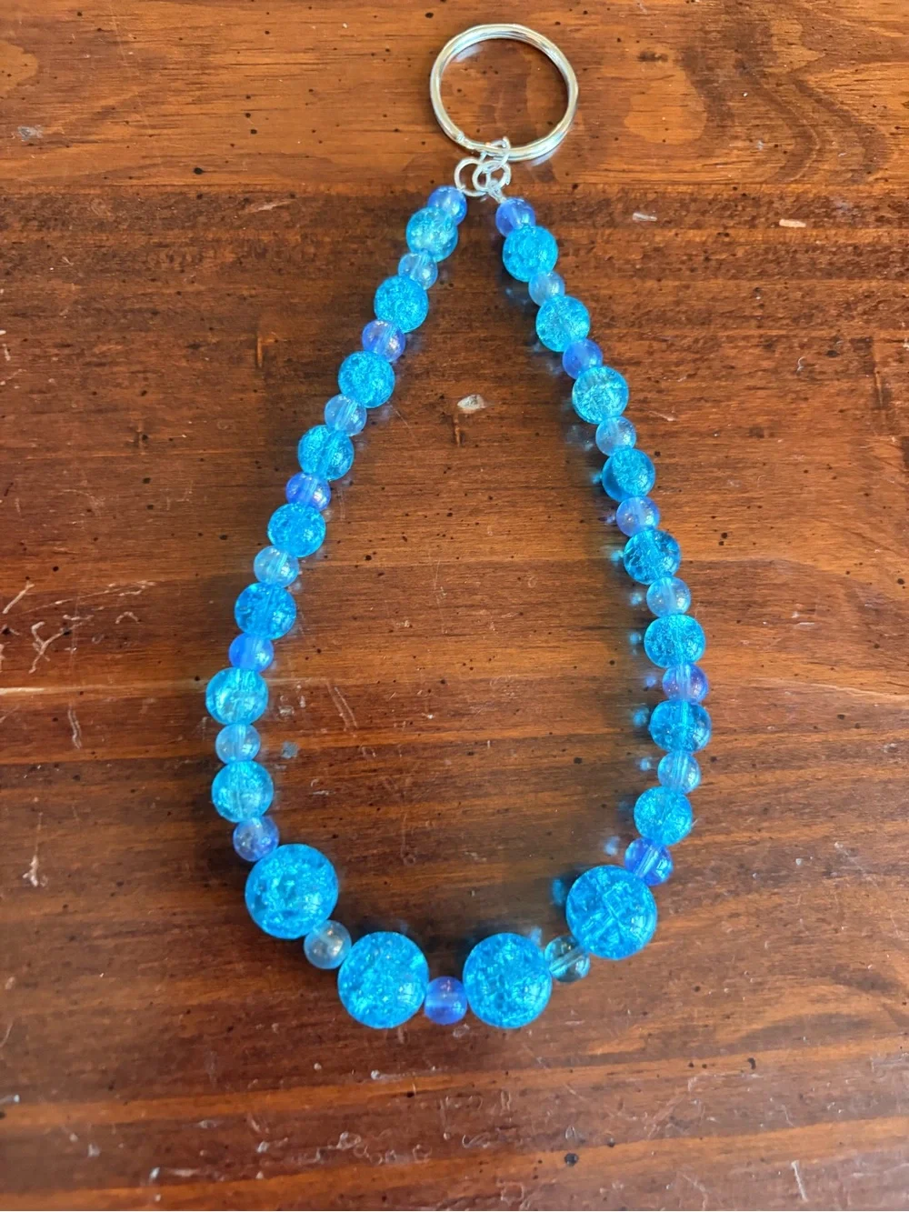 Blue Glass Beaded Keyring Wristlet - Crackle Glass Accent